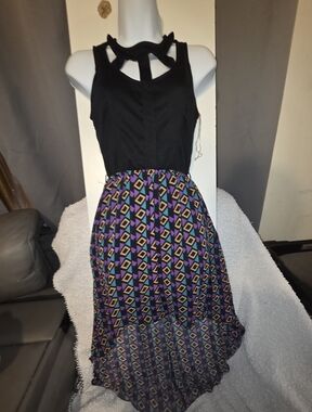 Black Halter Bodice Dress with Geometric Print Skirt Size Small